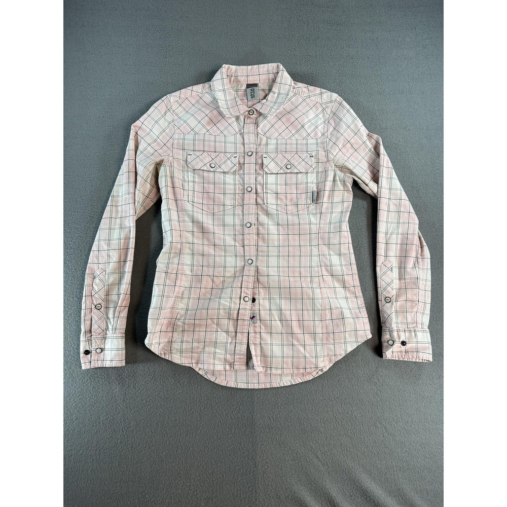 Stio Shirt Womens S Pink Plaid Button Up Long Sleeve Pearl Snap Casual